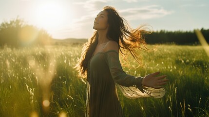 Girl walking in the meadow on the grass in the rays of the setting sun. Concept of women's dreams, success, travel, flight.