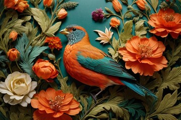 Obraz premium Nature's Embrace Generative AI's Bird, Rose, and Botanical Delight