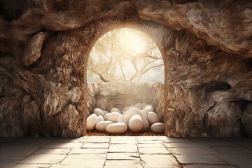 Resurrection of jesus. symbolic stone door reveals the risen christ with easter cross in background - obrazy, fototapety, plakaty