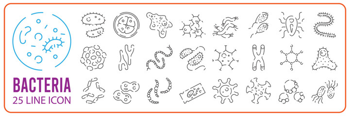 Bacteria, probiotic and virus line icon set. Microbe, germ, cell, caviar, petri dish, immune system, medical pills or laboratory flask and more - obrazy, fototapety, plakaty