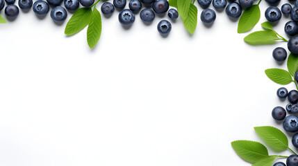 Fresh blueberries and leaves berry frame isolated on white background, generative ai - obrazy, fototapety, plakaty