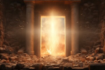 Stone door reveals resurrected jesus christ and cross for easter concept background