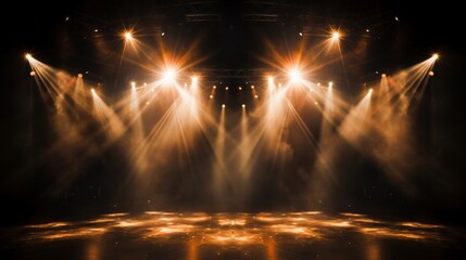 Glamorous stage setup with vibrant spotlights casting a captivating glow on the dark background