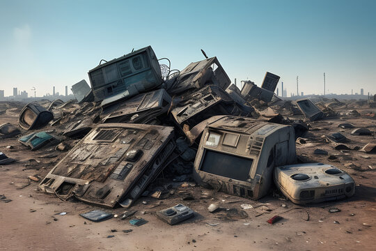 E-Waste Graveyard: Discarded Electronics Pile, Environmental Concern Concept - AI