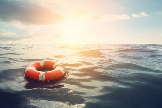 Lifebuoy safeguard floating sea. Maritime ocean life saver aid ring. Generate ai