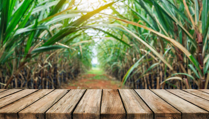 The empty wooden brown table top with blur background of sugarcane plantation - obrazy, fototapety, plakaty
