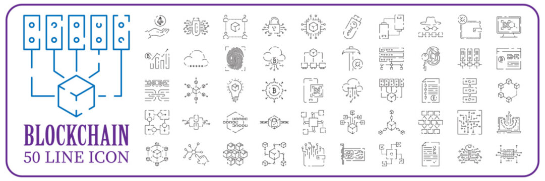 Blockchain vector line icon set or design element in outline style