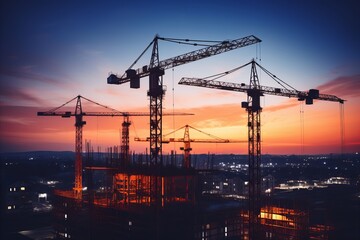 Urban development. tower cranes, sunset sky, construction industry and real estate
