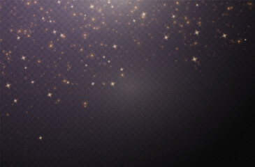 Christmas glowing bokeh confetti light and glitter texture overlay for your design. Festive sparkling gold dust png. Holiday powder dust for cards, invitations, banners, advertising.