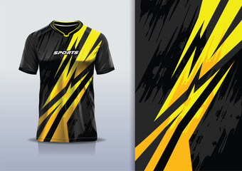T-shirt mockup with abstract stripe line racing jersey design for football, soccer, racing, esports, running, in yellow color © Nimpuna O