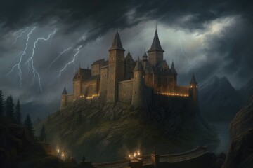 Naklejka premium Majestic castle storm. Gorgeous and famous buildings severe thunderstorm. Generate AI