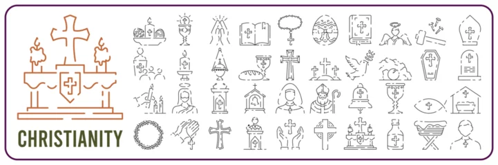 Fotobehang Christianity line icon set. Vector religion related icons. Bible, church and cross or Jesus © Cavid
