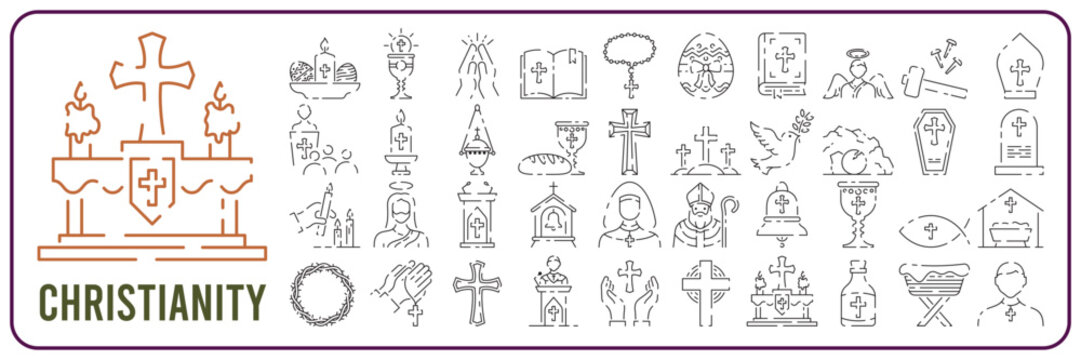 Christianity line icon set. Vector religion related icons. Bible, church and cross or Jesus