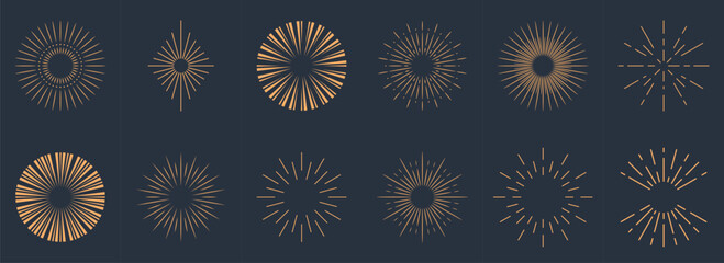 Vintage sunburst collection.Retro gold Sun burst shapes. Bursting golden sun rays. Vintage light starburst labels, badges,Fireworks,Logotype or lettering design element. Radial sunset beams.