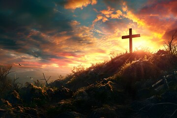 Sacred Sunrise: Cross on a Mountain Peak