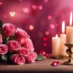 Valentine's day background in pink tones with, rose flowers and burning candles, horizontal luxury glamour romantic backdrop 