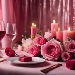 Valentine's day background in pink tones with, rose flowers and burning candles, horizontal luxury glamour romantic backdrop 