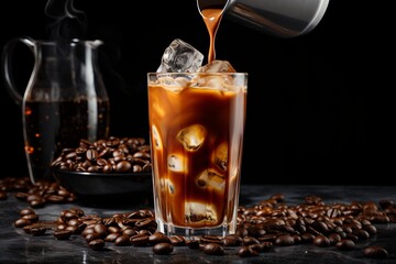 Iced coffee with pouring cream on dark stone background. Refreshing beverage concept with copy space