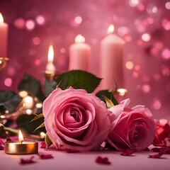 Valentine's day background in pink tones with, rose flowers and burning candles, horizontal luxury glamour romantic backdrop 