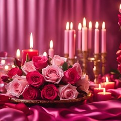 Obraz na płótnie Canvas Valentine's day background in pink tones with, rose flowers and burning candles, horizontal luxury glamour romantic backdrop 