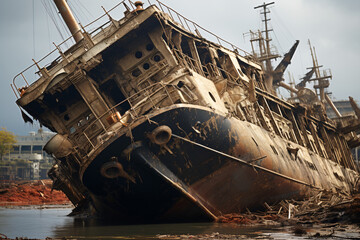 The cargo ship wreck is rusting