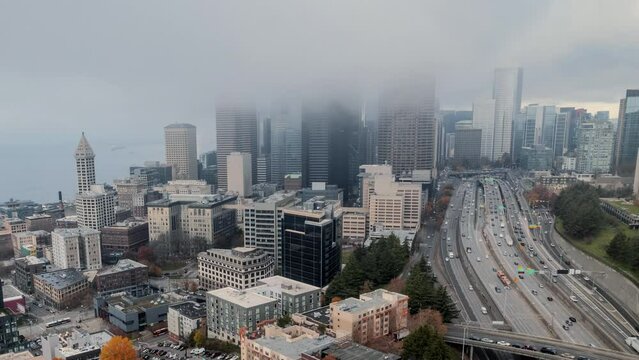 Seattle Skyline and Freeway Aerial Hyperlapse in Hazy Fog