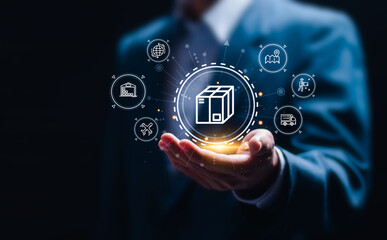 Logistic and transport concept, Businessman holding  virtual parcel box icon, Logistic management, organizing and controlling resources to meet the needs of customers.