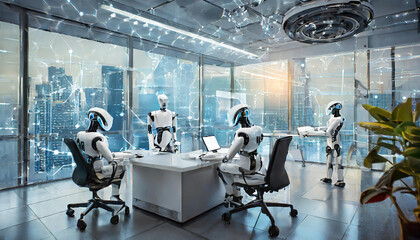 Fototapeta premium Interior of futuristic office with AI robots working inside. Generative AI.