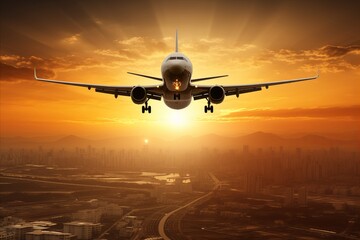 Fototapeta na wymiar Breathtaking panoramic sunset view with majestic airplane flying through the golden sky