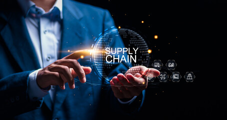 SCM or supply chain management concept, Businessman hold virtual globe with supply chain icon, Logistic and transport, organizing and controlling resources to meet the needs of customers.