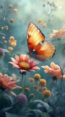 Butterfly and Flowers Cute Wallpaper, generative ai