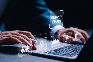 SCM or supply chain management concept, Businessman using laptop with virtual supply chain icon, Logistic and transport, organizing and controlling resources to meet the needs of customers.