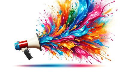 A megaphone ejecting an explosive burst of colorful paint splashes against a white background, symbolizing vibrant communication or announcement,with copy space.Communication concept. AI generated.