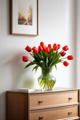 Vase with beautiful tulips flowers on chest of drawers near white wall