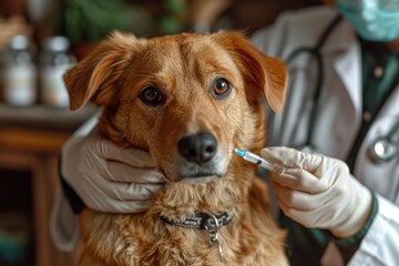 A veterinarian gives an injection to a dog at home