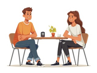 Minimalistic Illustration of Two People Sitting Around a Table with Timer AI Generated