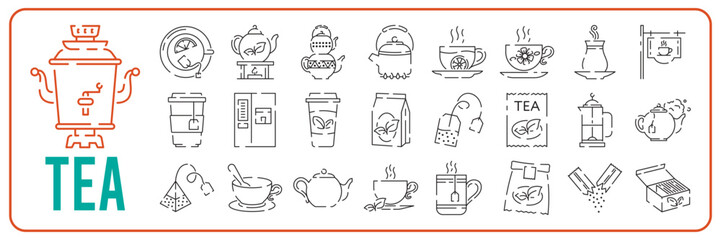 Teacup line icon icon set. Teapot or samovar flat icon. Thin line signs for design logo, visit card. Symbol for web design or mobile app. Cup outline pictogram - obrazy, fototapety, plakaty