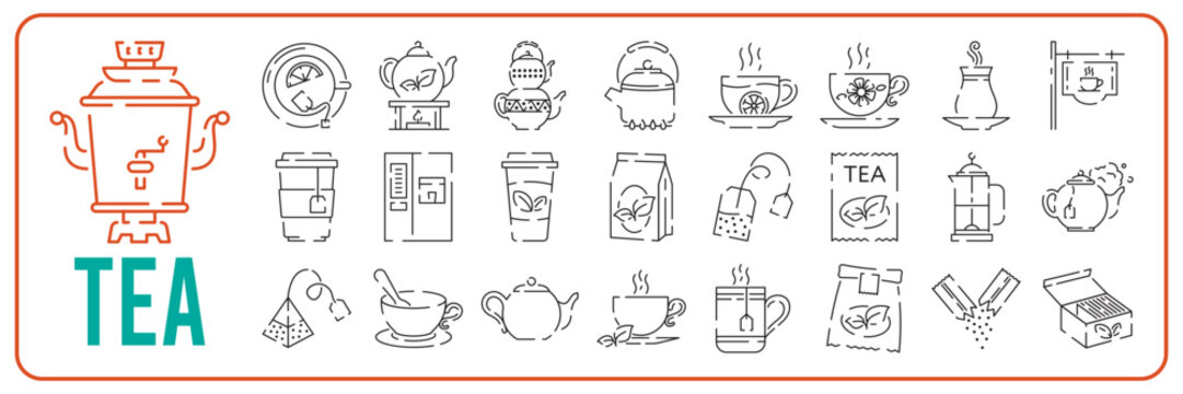 Teacup line icon icon set. Teapot or samovar flat icon. Thin line signs for design logo, visit card. Symbol for web design or mobile app. Cup outline pictogram