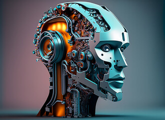 Cross-section of an AI robot's head. Generative AI.