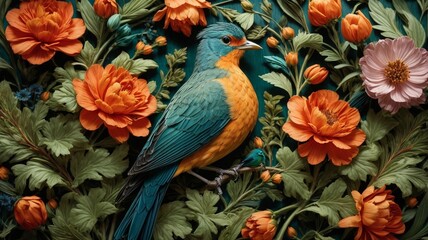 Fototapeta premium A Blooming Affair Generative AI's Colorful Botanical Symphony with Birds and Roses