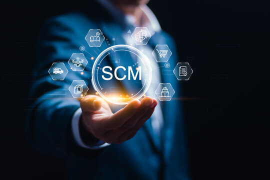 SCM or supply chain management concept, Businessman using smartphone with virtual supply chain icon, Logistic and transport, organizing and controlling resources to meet the needs of customers.