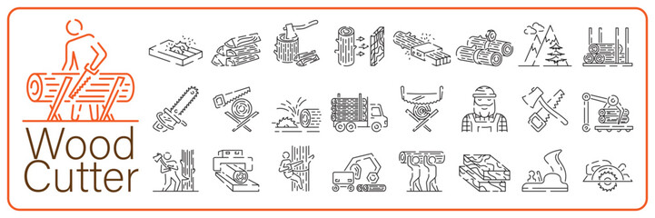 Woodcutter line icon set. Logging, sawmill line icon in circles, logging truck, tree harvester, timber, lumberjack, wood and lumber. Vector illustration