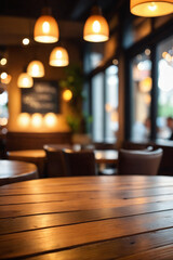 Wooden table blurred background of restaurant of cafe with bokeh