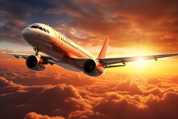 Fototapeta na wymiar vibrant panoramic sunset view with airplane flying gracefully in the sky over the horizon