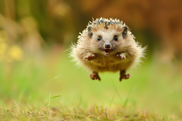 a hedgehog jumps on the ground. freedom the hedgehog runs through the autumn forest dynamic scene leaves fly. A hedgehog hunting for food in an old log. Hedgehog flying at the air