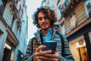 closeup Shot of a young man using his smartphone - obrazy, fototapety, plakaty