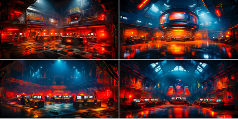 The stage is designed like an eSports factory. Create a unique atmosphere Dark orange color scheme for visual impact. An exciting local party atmosphere for a fun and lively event.