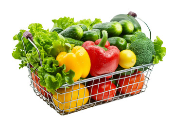 Realistic photography of green, yellow, or red Fruits and Vegetables Inside a wire shopping basket, high angle view, isolated on white background.