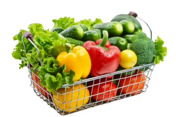 Realistic photography of green, yellow, or red Fruits and Vegetables Inside a wire shopping basket, high angle view, isolated on white background.