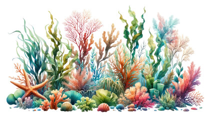 Fototapeta premium watercolor seaweed and corals isolated on transparent background